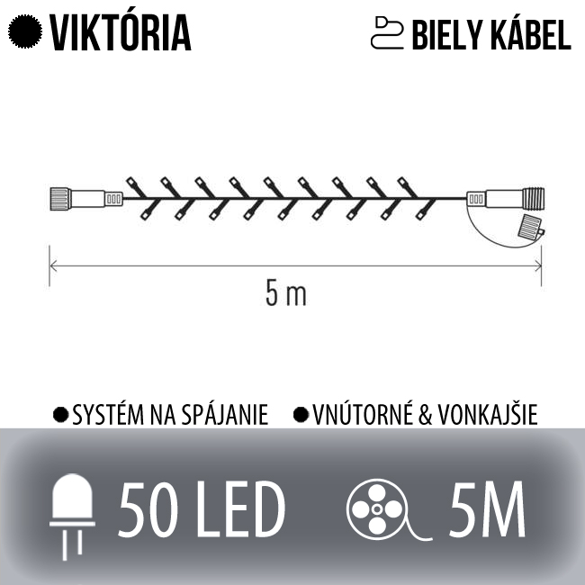 Viktória spojovateľná led svetelná reťaz vonkajšia - 50led - 5m studená biela - biely kábel