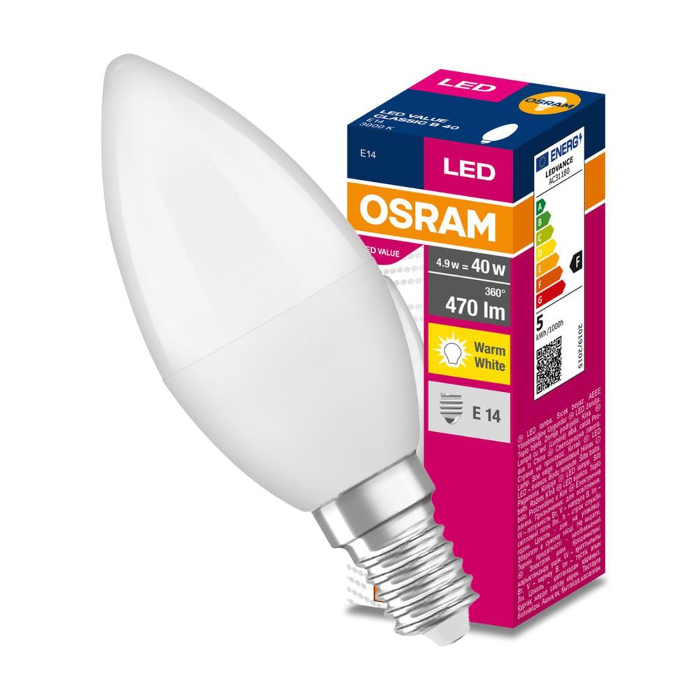 LED žiarovka B35 Candle E14 4,9W = 40W 470lm 3000K Warm 220° VALUE CLASSIC Osram