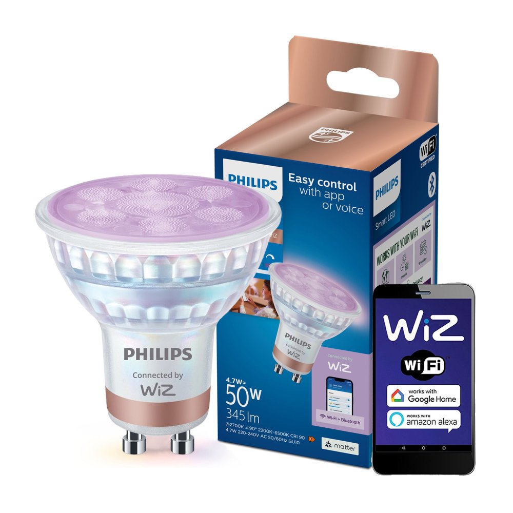 LED GU10 Reflektor PAR16 4,7W = 50W 345lm 2200-6500K RGB + TW Smart SMART WiFi Bluetooth App WiZ Philips