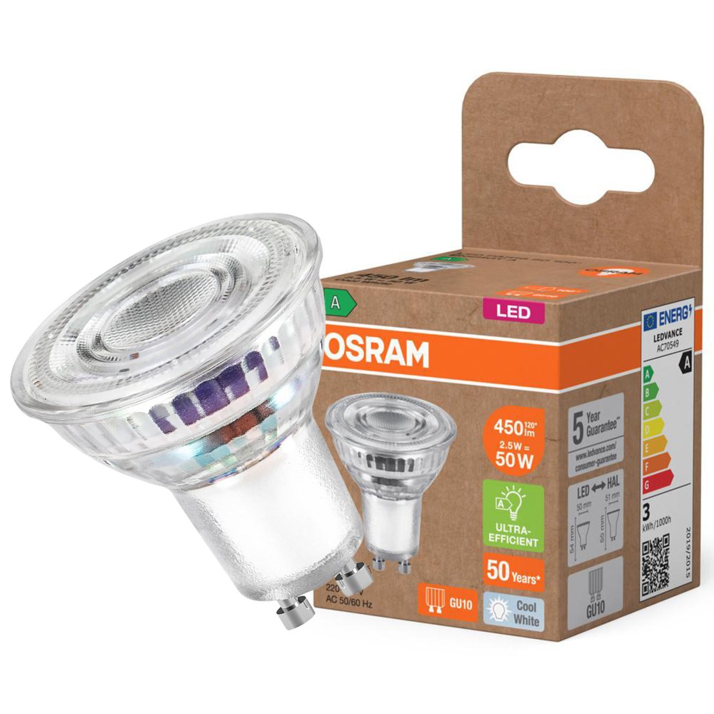LED PAR16 Reflektor GU10 2,5W = 50W 450lm 4000K Neutrálne 100° 180lm/W ENERGETICKÁ ÚČINNOSŤ Osram
