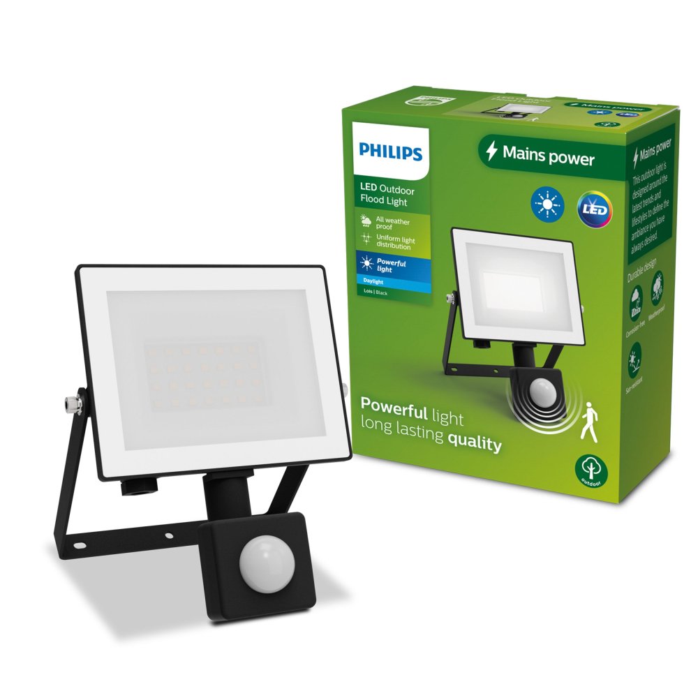 LED reflektor 20W 2050lm 5000K IP65 so senzorom pohybu a súmraku čierny Lois Philips