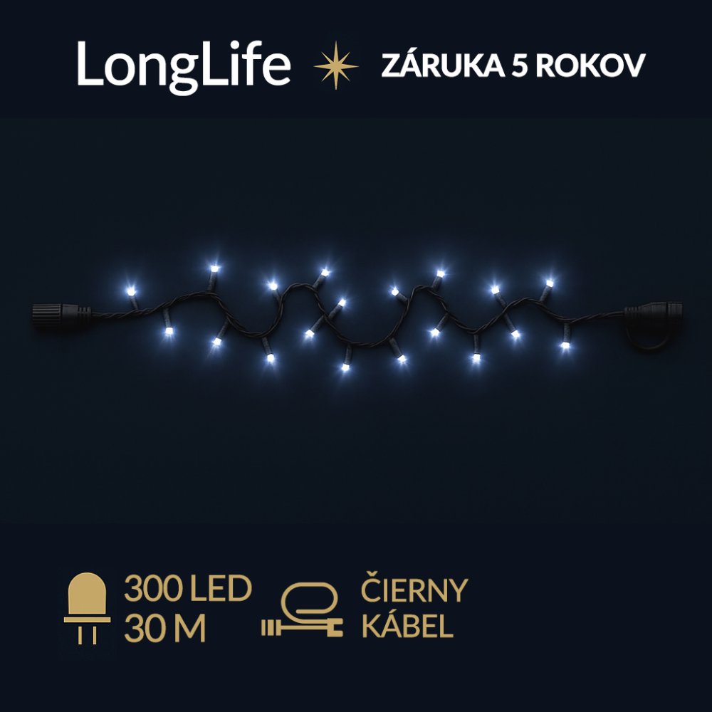 LongLife led svetelná reťaz vonkajšia - 300led - 30m - studená biela - čierny kábel