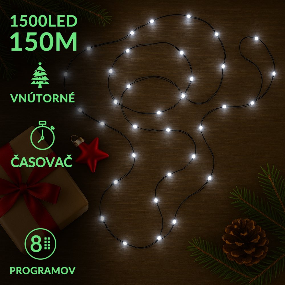 Vianočná led svetelná mikro reťaz vonkajšia - programy - časovač - ovládač - 1500led - 150m - studená biela