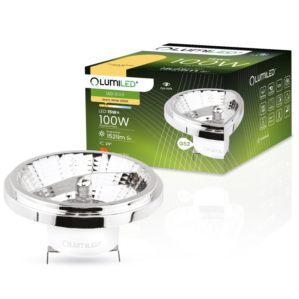 E-shop LED žiarovka G53 reflektor AR111 15W = 100W 1521lm 3000K teplá 24° 12V strieborná LUMILED