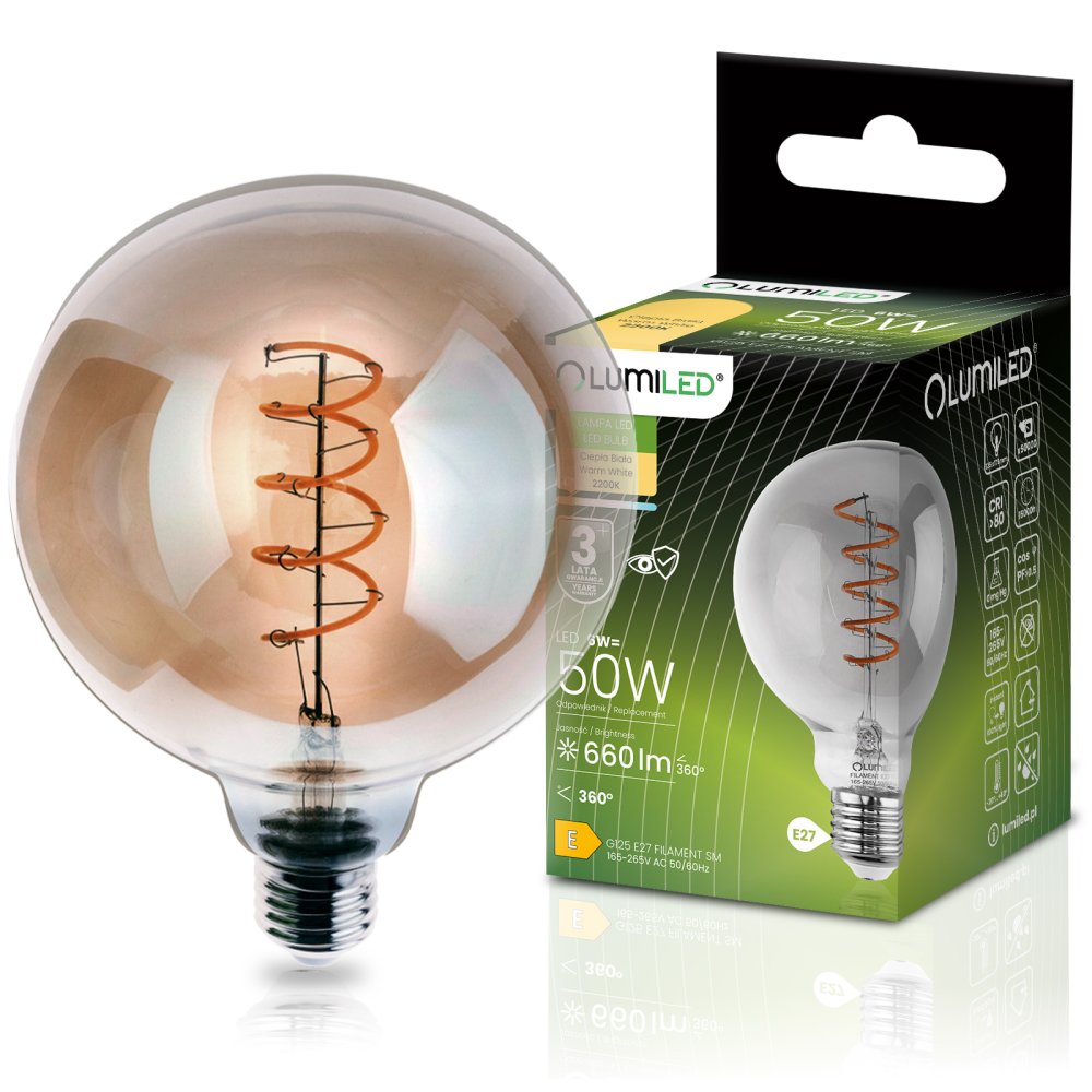 E-shop LED žiarovka E27 guľa G125 6W = 50W 660lm 2200K teplá 360° dymená filament LUMILED