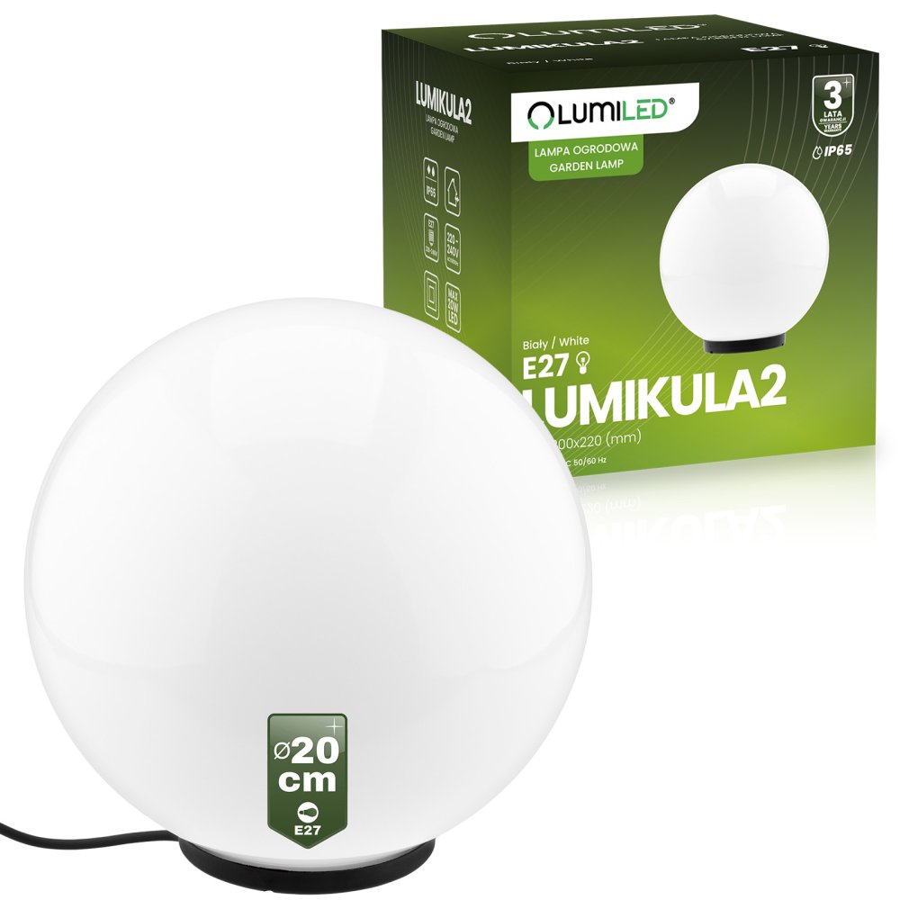 E-shop LED LUMIKULA2 20cm E27 IP65 LUMILED vonkajšie guľové záhradné svietidlo