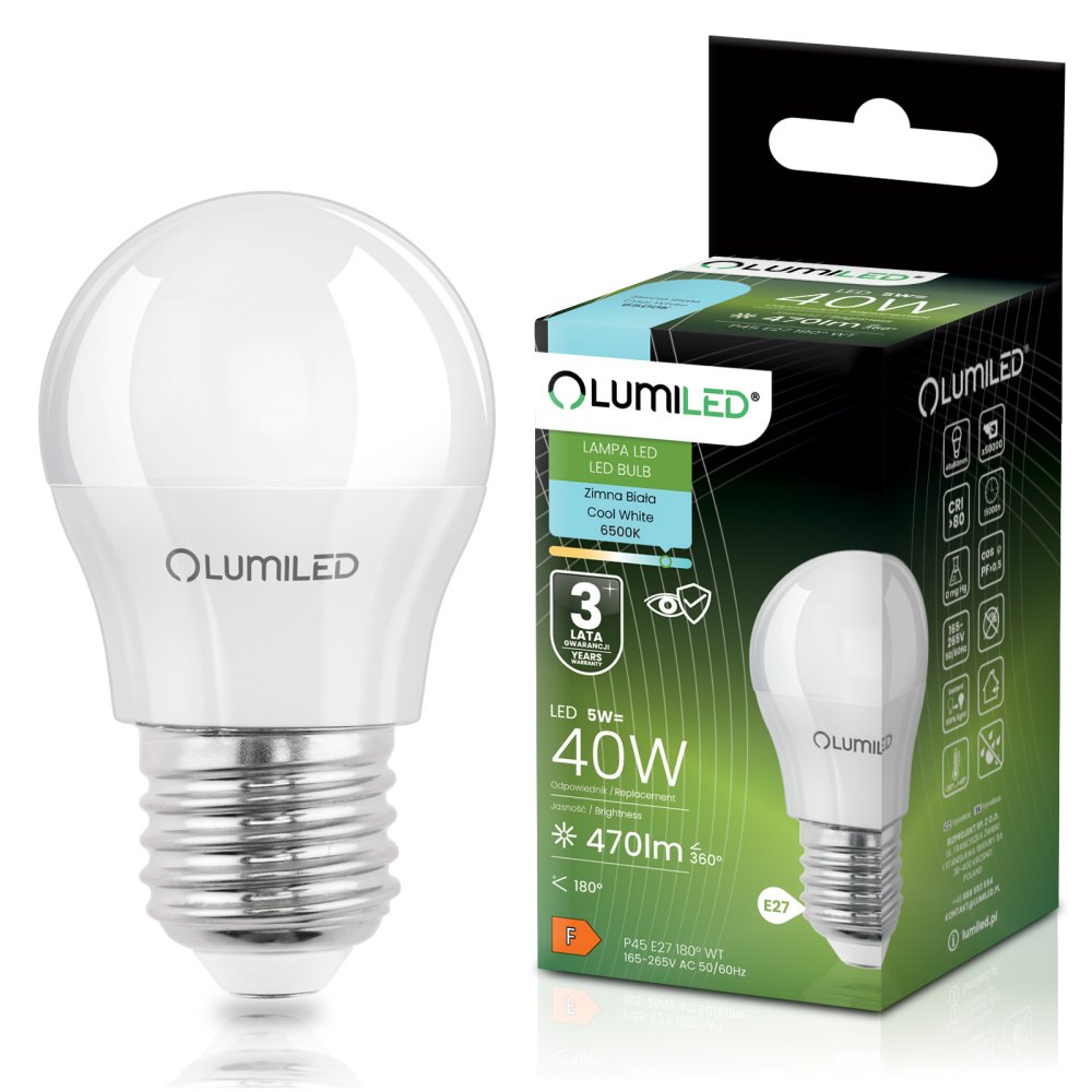 E-shop LED žiarovka E27 P40 5W = 40W 470lm 6500K Cold 180° LUMILED