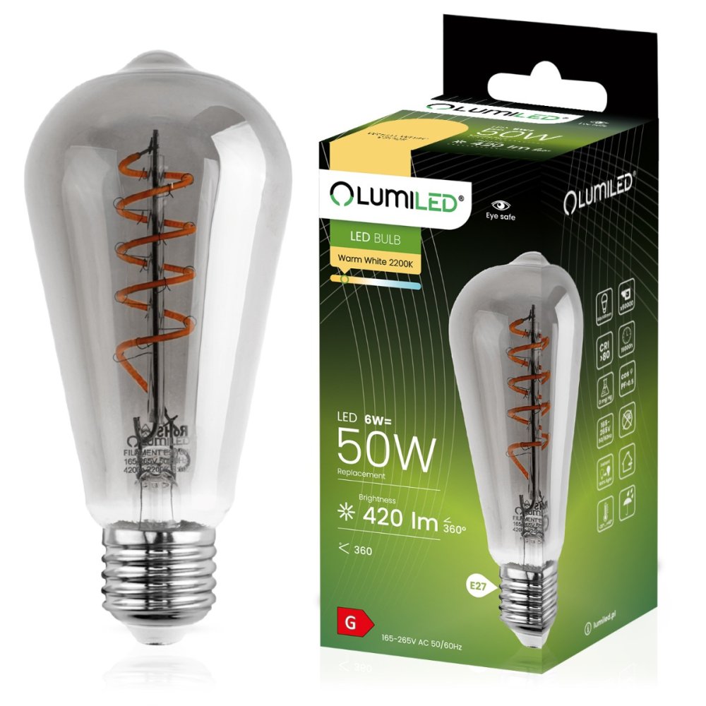 EDISON E27 ST64 6W = 50W 420lm 2200K Warm 360° Filament LUMILED Smokey LED žiarovka