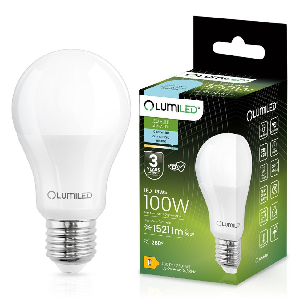 LED žiarovka E27 A60 13W = 100W 1521lm 6500K Cold 260° LUMILED