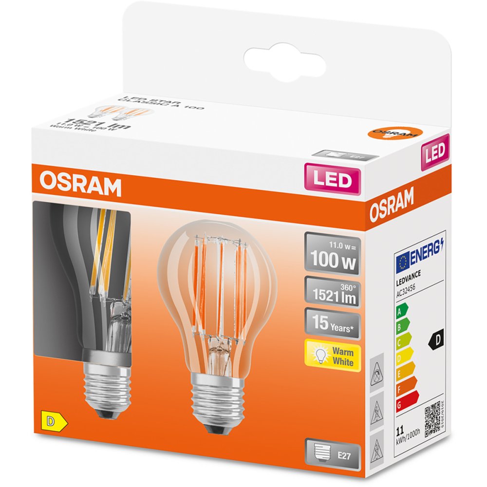 2Pak LED žiarovka E27 A60 11W = 100W 1521lm 2700K Warm 300° Filament OSRAM STAR