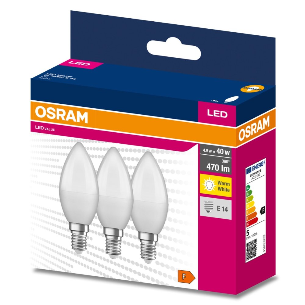 3PAK LED žiarovka E14 B35 4,9W = 40W 470lm 3000K Warm 220° OSRAM VALUE