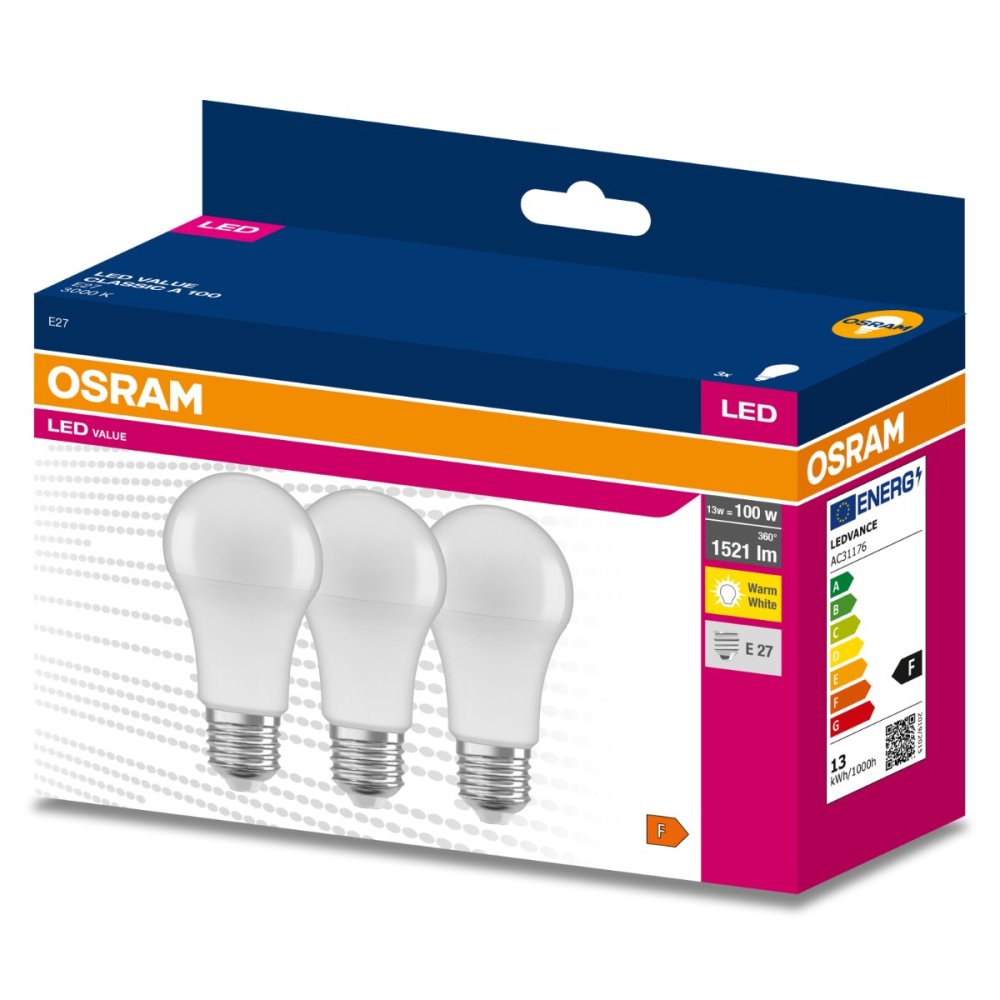 3PAK LED žiarovka E27 A60 13W = 100W 1521lm 3000K Warm 200° OSRAM VALUE