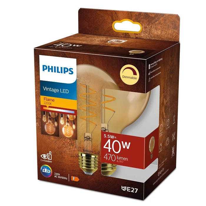 LED žiarovka E27 G95 5,5W = 40W 470lm 2200K teplé vlákno jantárová PHILIPS stmievateľná
