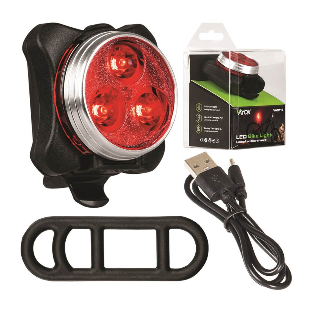 Zadné svetlo na bicykli LED baterka USB červená s dobíjacou batériou 4 svetelné režimy VAYOX