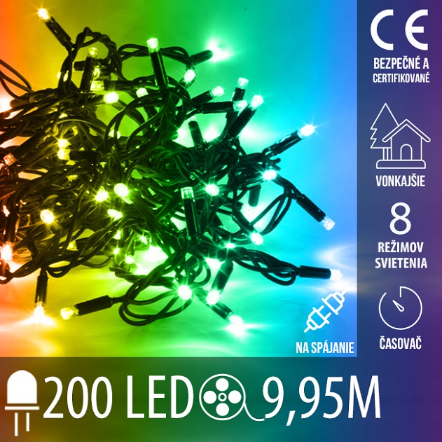 Vianočná led svetelná reťaz vonkajšia na spájanie s časovačom + programy - 200led - 9,95m multicolour
