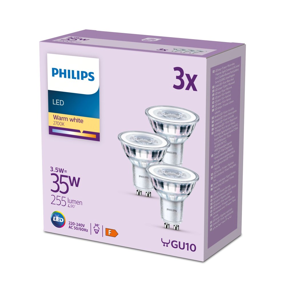 3x LED GU10 s reflektorom PAR16 3,5W = 35W 255lm 2700K Warm 36° EC Multipack Philips