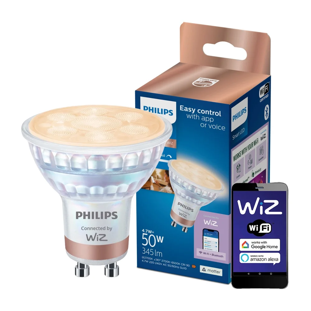 LED GU10 Reflektor PAR16 4,7W = 50W 345lm 2700-6500K TW Smart SMART WiFi Bluetooth App WiZ Philips