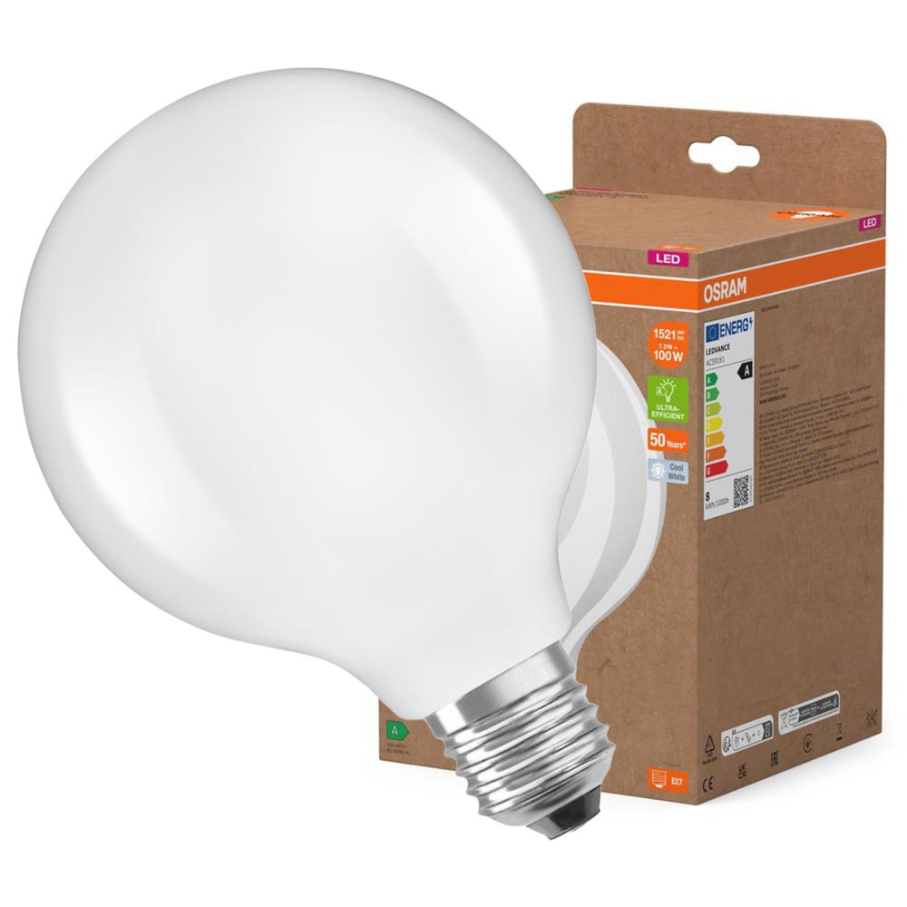LED žiarovka G125 Sphere E27 7,2W = 100W 1521lm 4000K Neutrálne 330° vlákno CLASSIC ENERGETICKÁ ÚČINNOSŤ Osram