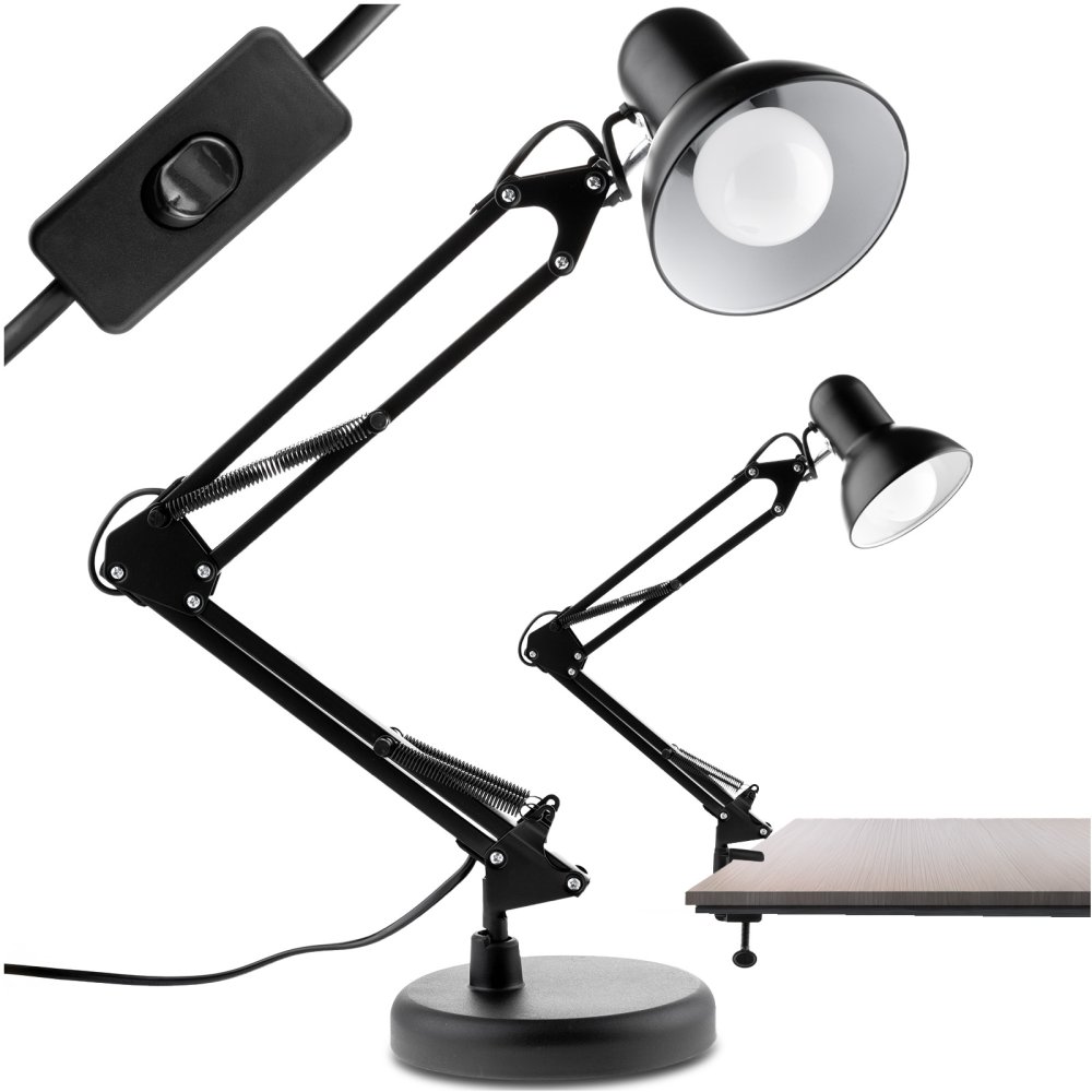 Kresliarska stolová lampa E27 TOBI čierna Lumiled s úchytom na dosku