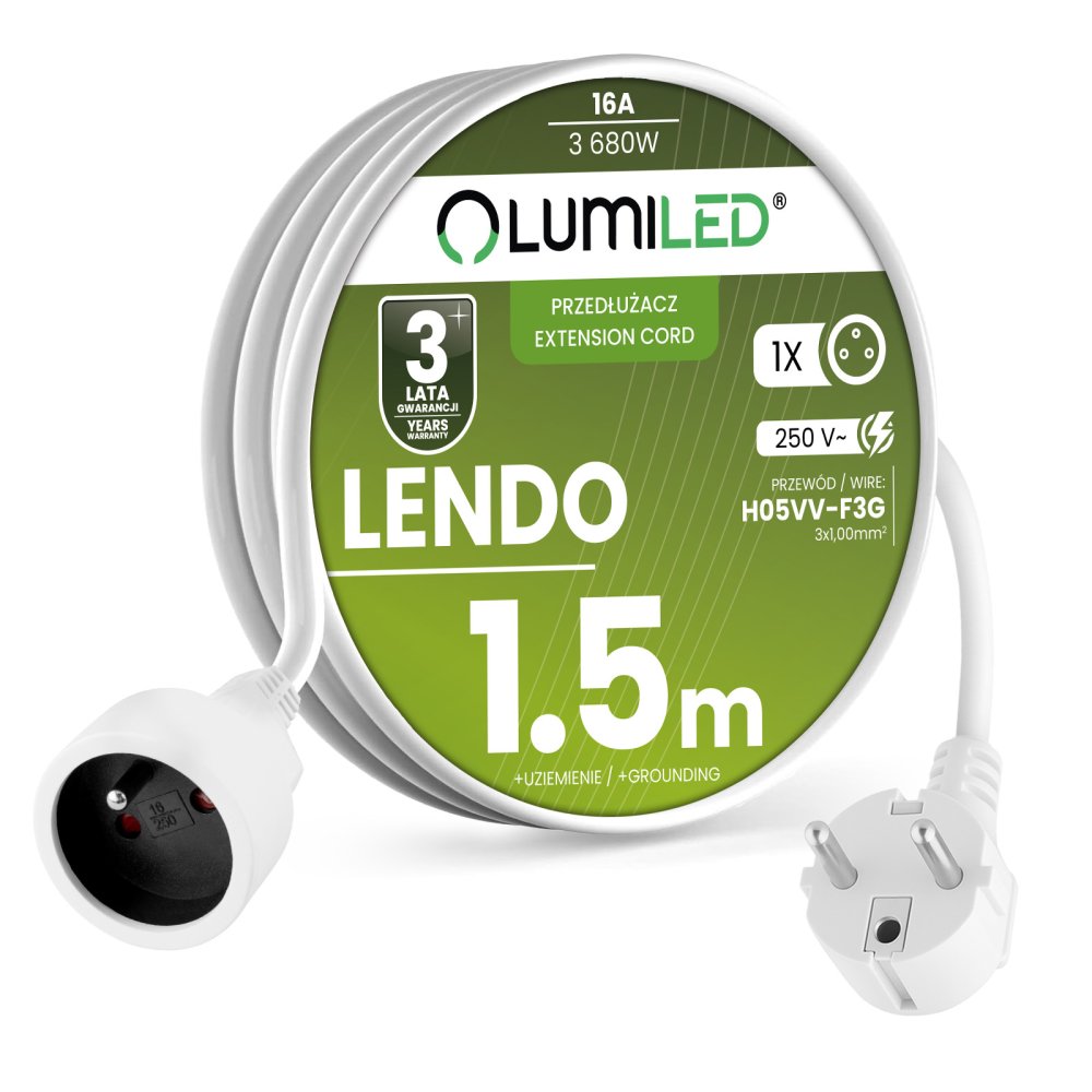 E-shop Sieťový predlžovací kábel s uzemnením predlžovacia lišta 1 zásuvka 1.5m biela šnúra Lendo Lumiled