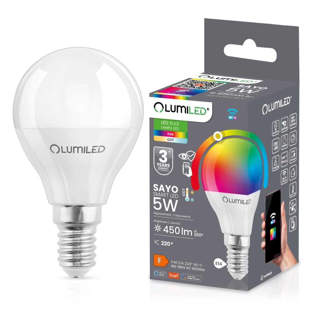 E-shop LED žiarovka E14 P40 Bulb 5W = 40W 450lm RGB CCT Stmievateľná Smart TUYA WiFi SMART SAYO LUMILED